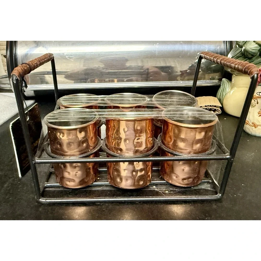 6 Shot Glasses Copper Hammered Vintage With Wooden Caddy and Wooden Handle